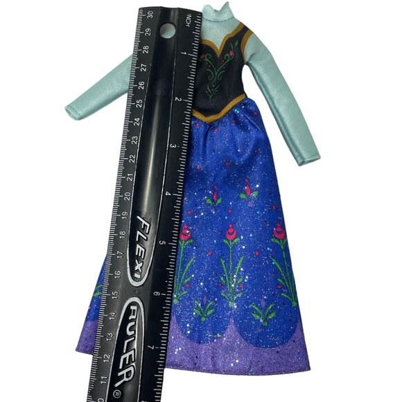 Disney Frozen Anna Doll Dress Costume Sparkly Blue Gown With Floral Pattern - Picture 4 of 4